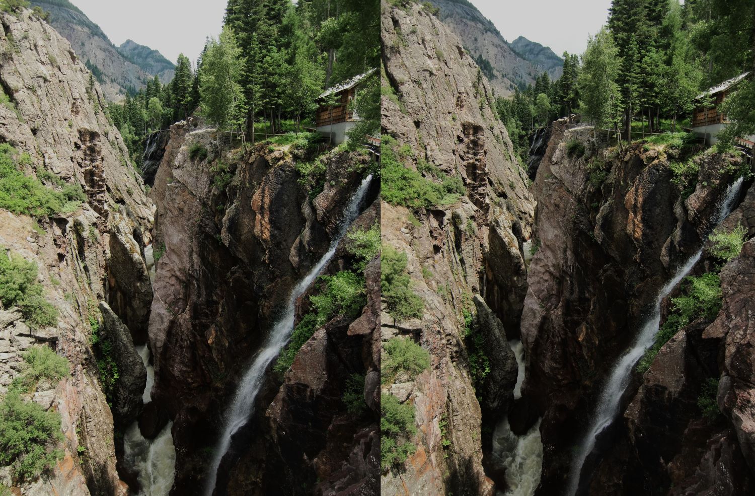 falls at bridge at Ouray's Box Canyon Falls & Park in 3D
